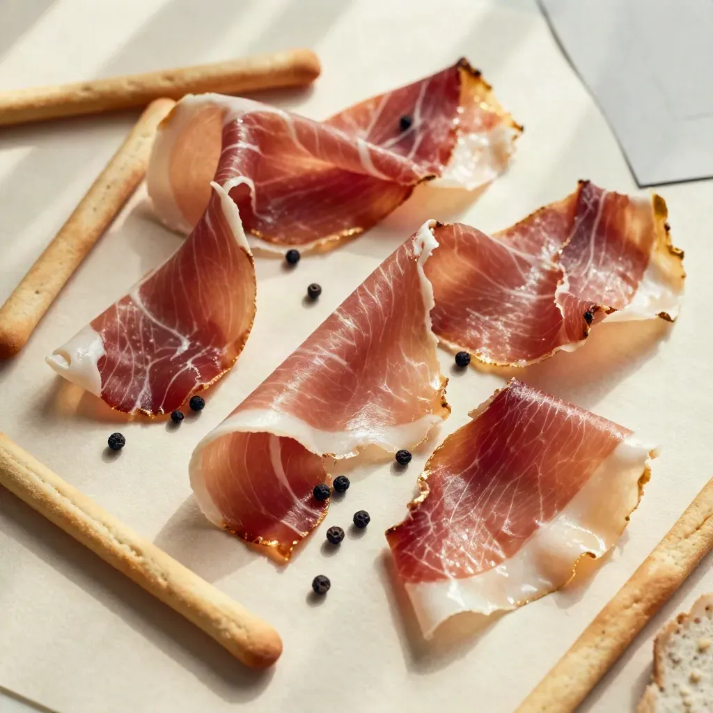 Overhead prosciutto ribbons with peppercorns, grissini and parchment on cream paper.
