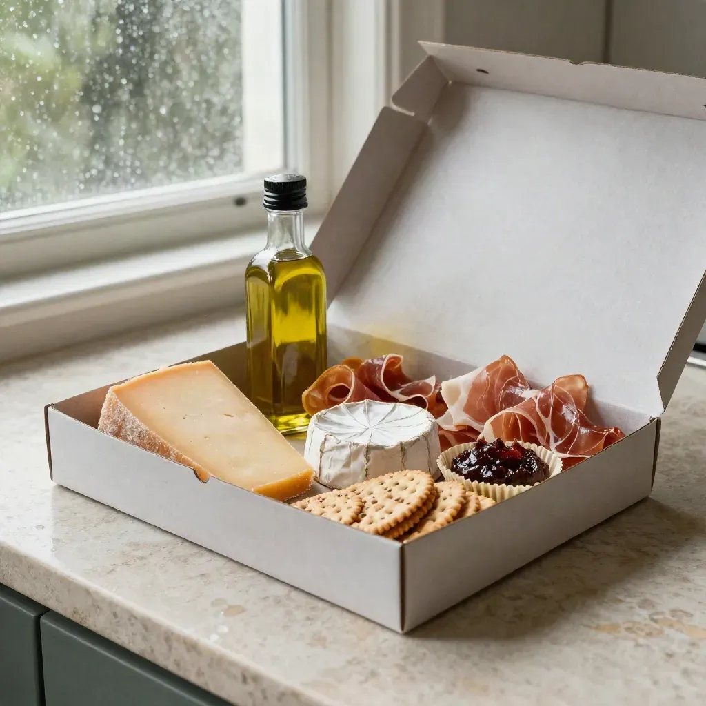 Open gourmet cheese board box with cheeses, charcuterie, crackers, olive oil and fig spread on limestone.