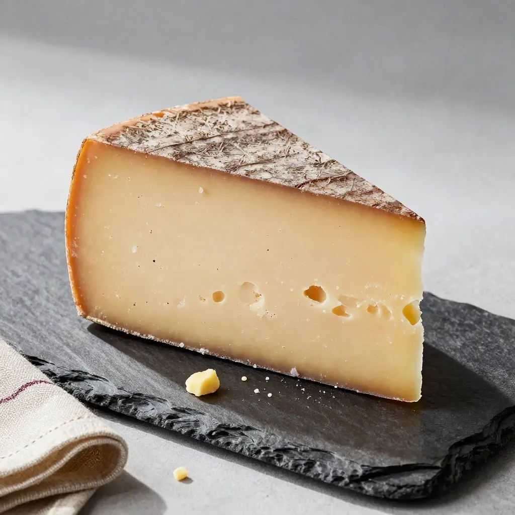 Smoked aged cheddar wedge on wet slate with crumbs and a folded linen edge.
