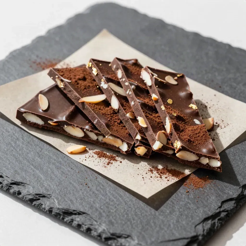 Dark chocolate almond bark shards with almonds, cocoa dust, parchment and gold flecks on stone