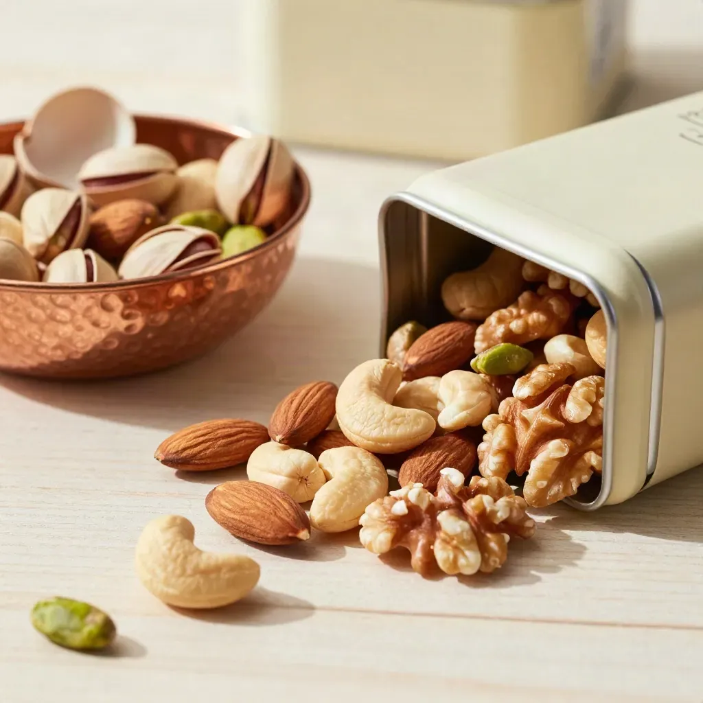 Unbranded mixed nut gift tin spilling nuts, with copper bowl and cracked shells on pale wood.