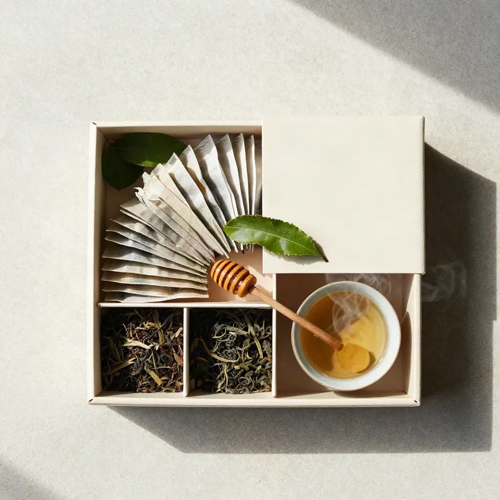 Overhead tea sampler flatlay with sachets, cup, honey spoon, and loose leaves on stone.